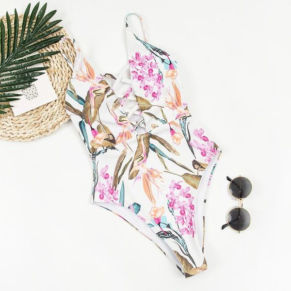 

one-piece suits pink floral lace-up deep v-neck swimsuit open back women monokini 2021 girl beach bathing suit swimwear