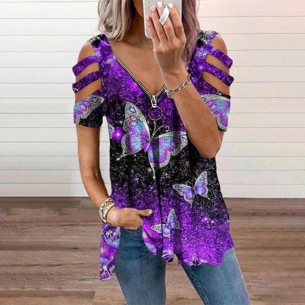 

women's t-shirt aesthetic butterfly printed zipper v-neck cold shoulder short sleeve tunics graphic tee shirt femme, White