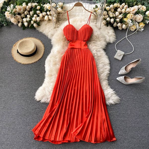 Rot/Gelb/Schwarz Sexy Spaghetti Strap Kleid Frauen Elegante Aushöhlen Hohe Taille Gefaltete Vestidos Weibliche Party Robe neue 2020 X0521