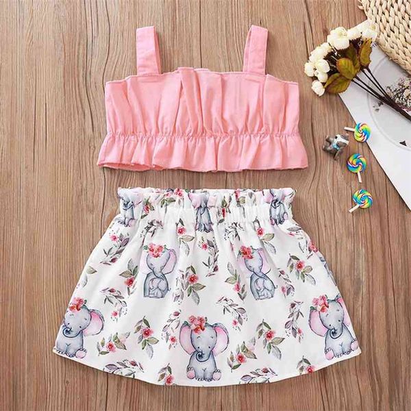 Sommer Kinder Sets Casual Strap Rosa Solide Tops Drucken Elefanten Rock 2 stücke Mädchen Kleidung 1-5T 210629