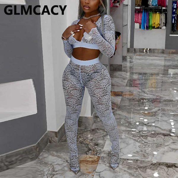 

women two piece lace suits long sleeve v neck crop & skinny long pants set 210702, White