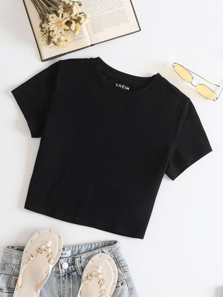 

solid round neck tee t5q6#, White