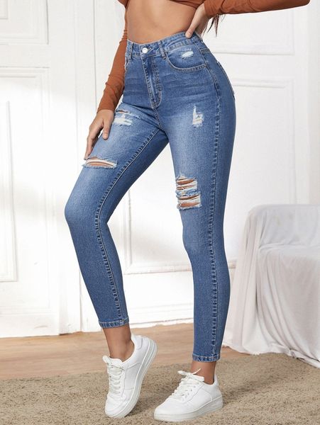 

high waisted ripped zip up skinny jeans c36k#, Blue