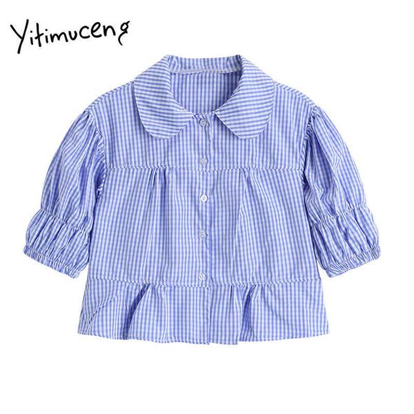 

yitimuceng plaid blouse women button puff sleeve shirts peter pan collar straight clothes summer korean fashion 210601, White