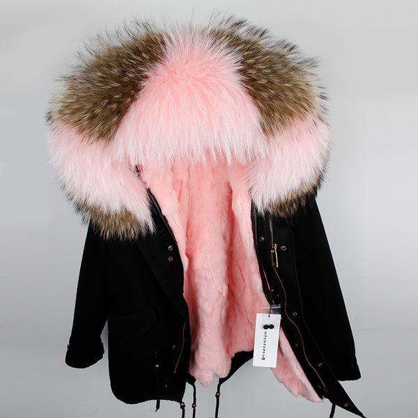 

2020 natural raccoon fur collar rex rabbit fur lining short section thickening ladies pie overcoat, Black