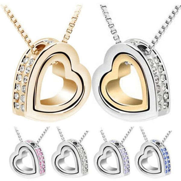 

quality austrian crystal aaaa+ rhinestone double heart pendant sweater chain necklace charm women fashion jewelry, Silver