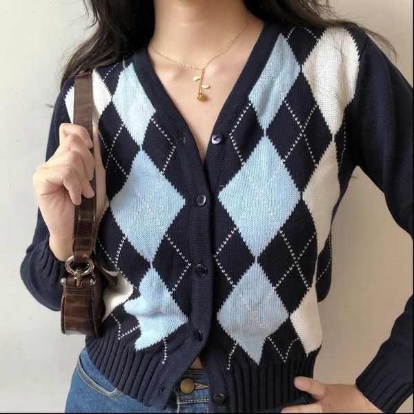 

women sweater cardigan knit vintage stylish geometric pattern slim crop fashion v neck england style long sleeve outerwear, White;black