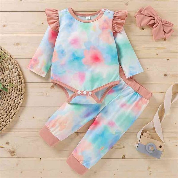 

winter children sets casual long sleeve o neck rompers patchwork tie-dye trousers cute child clothes 0-2t 210629, White