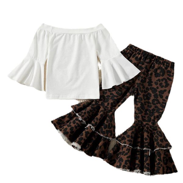 

kids clothing sets girls outfits baby clothes children autumn children's wear one-word shoulder leopard print hole-breaking flared trou, White