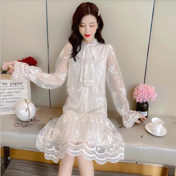 

casual dresses embroidered hollow lace bow tie dress fashionable medium long net gown 2021 sleeve sweet, Black;gray