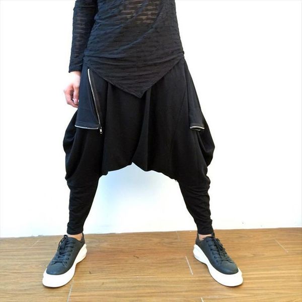 

plus size elastic waist womens women pants drop crotch harem zipper pocket baggy sweatpants soft cotton dance slacks trousers, Black
