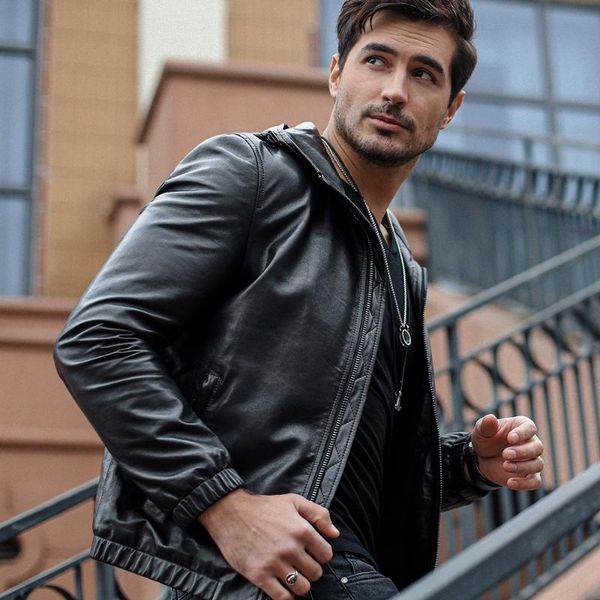 

men's leather & faux hooded genuine jacket, Black
