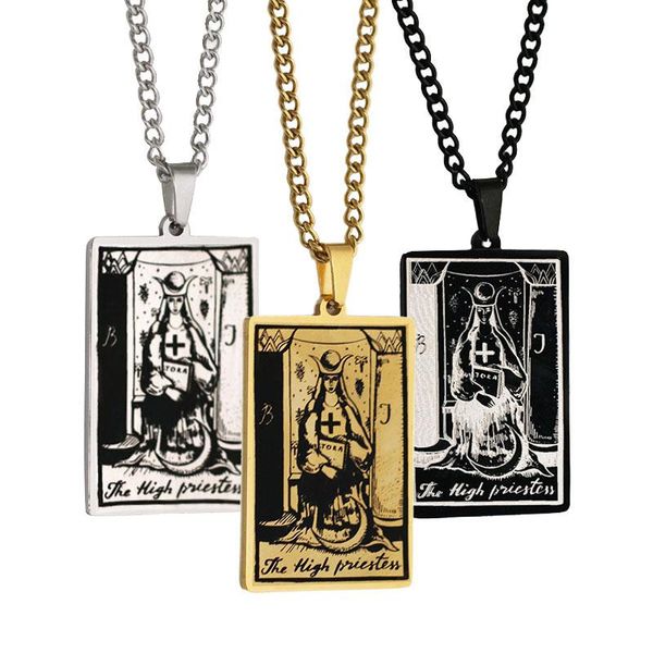 

pendant necklaces handmade alcana tarot priestess necklace for men women stainless steel jewelry vintage cross, Silver