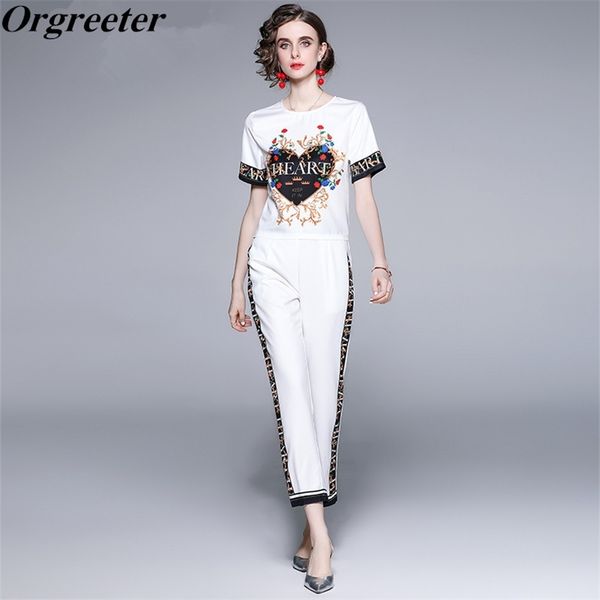 

design runway tshirt trousers suits women's o-neck heart flower print short sleeve and high waist pencil pants 2 piece sets 210602, White