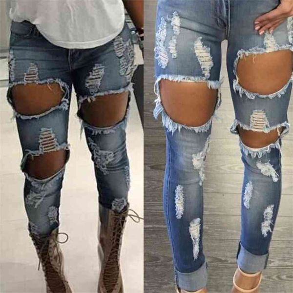 

1ripped jean for women vintage ankle length denim pants high waisted slim elasticity female casual pencil 210514, Blue