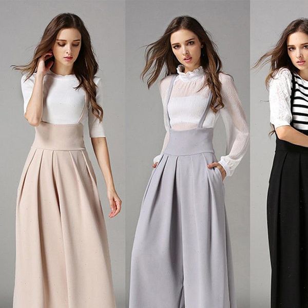 

1pc casual pleated high womens pants waisted wide leg palazzo suspenders waist trousers c50, Black;white