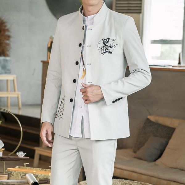 

men's suits & blazers men suit sets chinese tunic stand collar classic casual blazer brand design business formal male cotton 2 pices, White;black