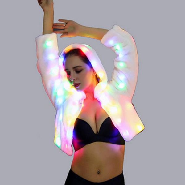 

colorful led flashing casual faux fur jacket, Black