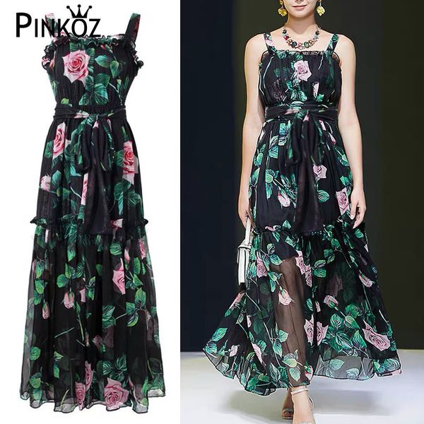 Runway Designer Rosa Flower Verde Espaguete Maxi Vestidos Celebridade Plissada Sashes Lace Up Pary Dinner Chique 210421