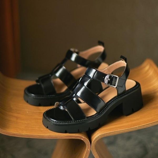 

sandals 2021 women real leather shoes summer open toe buckle strap hollow out beach cool ladies footwear size 34-42, Black