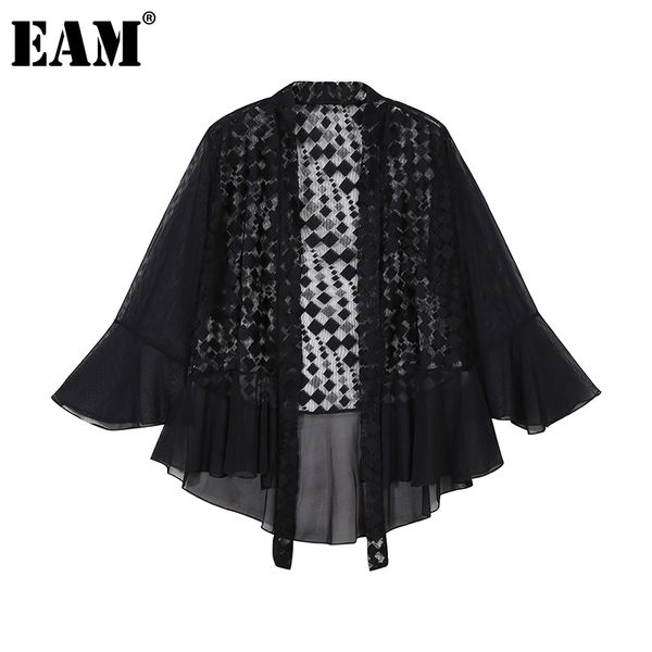 

[eam] loose fit black mesh lace bandage jacket v-collar three-quarter sleeve women coat fashion spring summer 1dd8700 21512, Black;brown