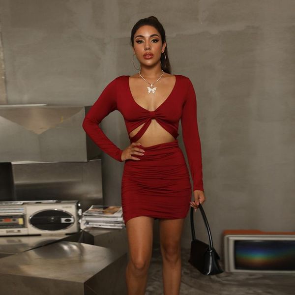 

casual dresses ladies european and american autumn winter fashion hollow deep v-neck party dress long sleeve slim fit hip, Black;gray