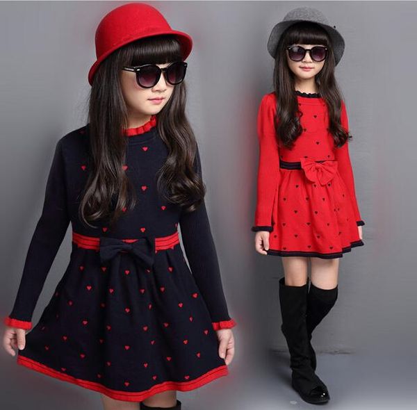 

girl's dresses children's sweet bow wool knitting dress girls round collar long sleeve kids fashion love heard printing, Red;yellow