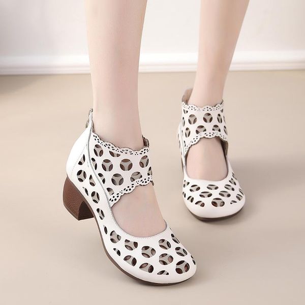 

sandals summer women's leather thick heel soft sole retro fashion mid-heel hollow, Black