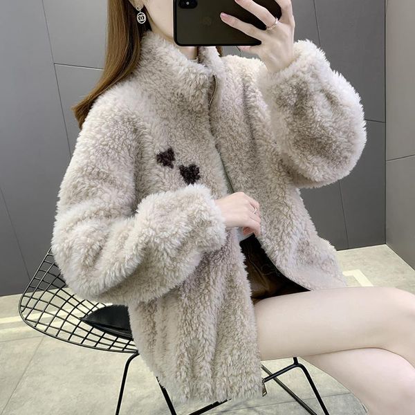 

women's fur & faux shzq 2021 sheep shearing cashmere lamb wool composite integrated coat short young leisure, Black