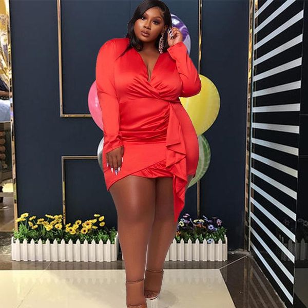 

casual dresses ladies dress plus size v-neck ruffled pleated transparent long-sleeved party nightclub robe satin, Black;gray