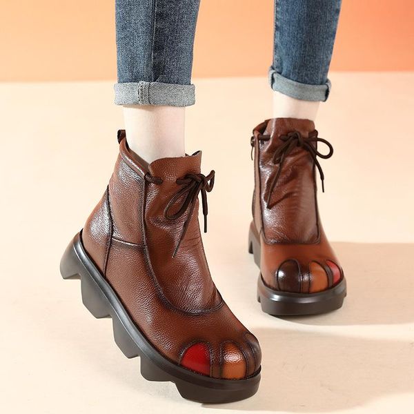

boots oukahui 2021 spring autumn vintage genuine leather flat platform women lace-up round toe zip mid heel ladies short, Black
