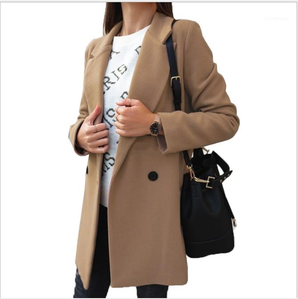 

women's wool & blends 2021 autumn and winter fashion temperament pure color double-breasted button suit collar woolen coat clothing, Black