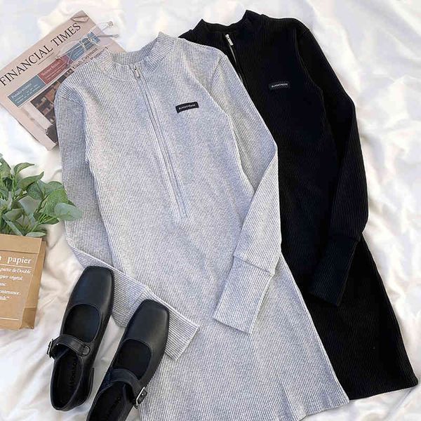 

women's t-shirt spring elastic label girl's casual round neck half zipper mini vestidos straight slim 8lc4, White