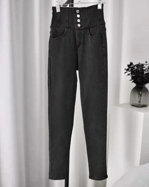 

jeans 2021 autumn and winter women's high-waist four-button plus fleece rpl5, Blue