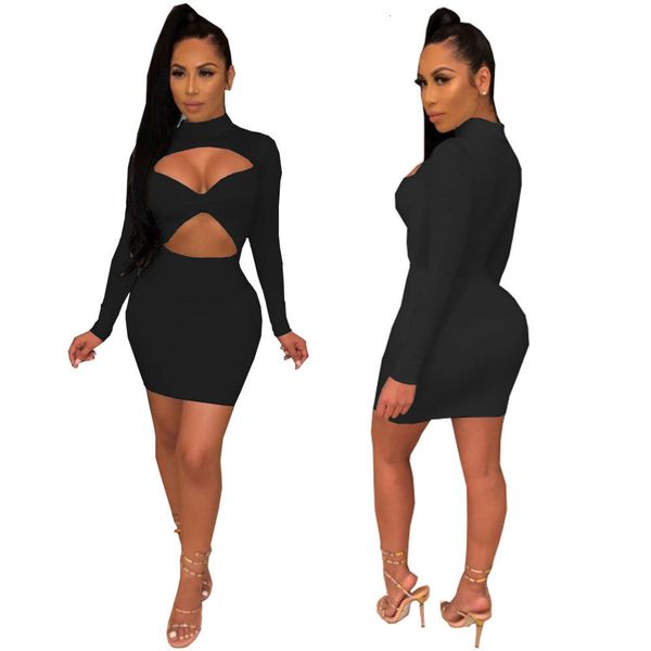 

2021 new fashion 2019 fashion solid color spring dress, Black