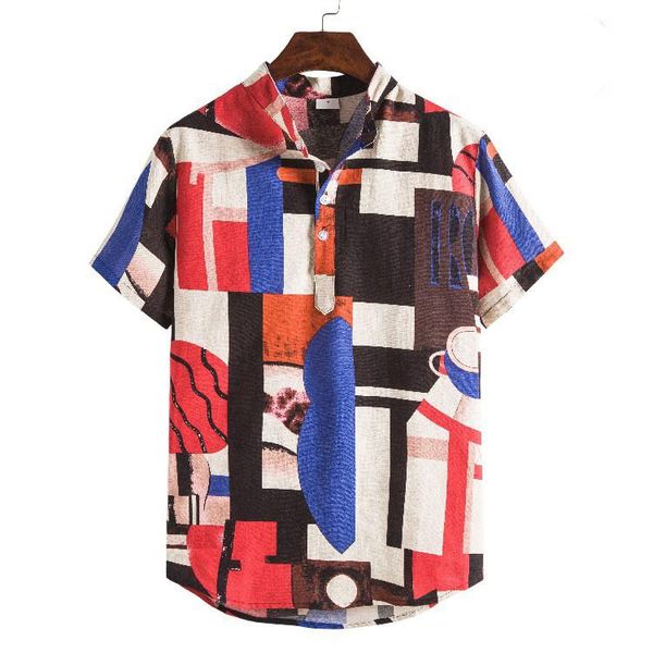 

shirt men vacation hawaiian stand collar patchwork printed beach chemise hawaiienne homme plus size men's casual shirts, White;black