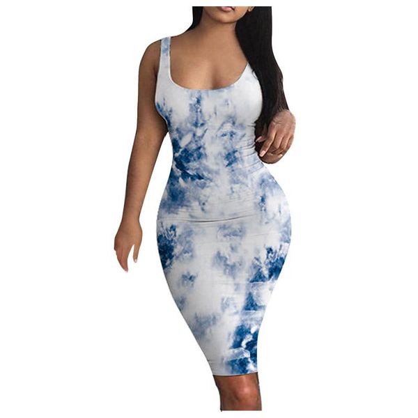 

casual dresses tie-dye print bodycon dress for women sleeveless basic party clubwear summer ladies vestidos female, Black;gray