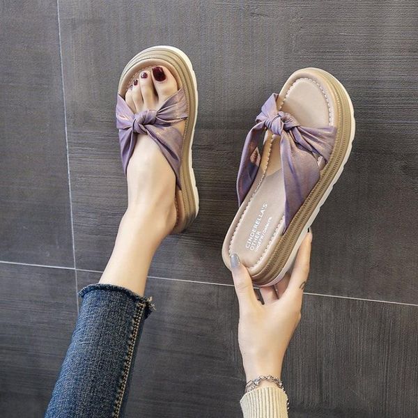 

summer fairy style sandals women's thick bottom muffin beach shoes casual bow slippers outer wear a705, Black
