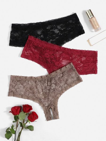 

3pack plus floral lace crotchless panty w0ab#, Black;white