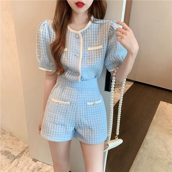 

women's tracksuits summer elegant women blue shorts set fashion puff sleeve single breasted white plaid high waist 2 piece sets, Gray