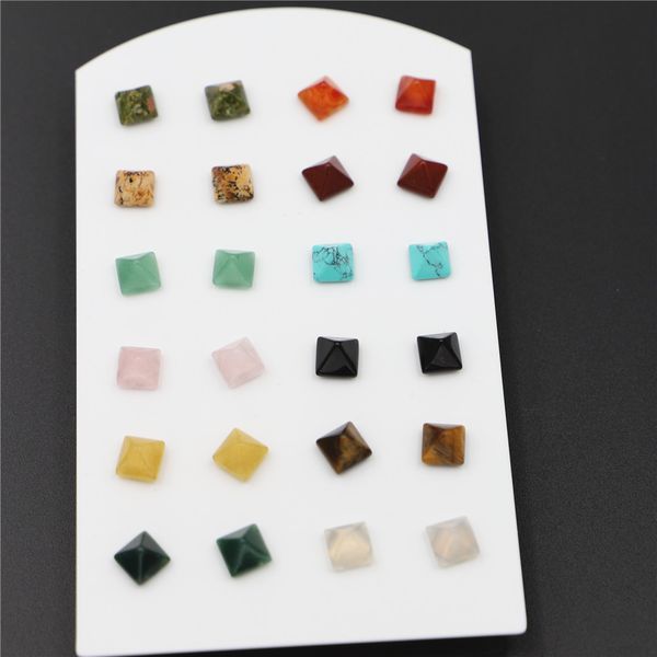 

8*8mm pyramid natural stone crystal tiger eye rose quartz turquoises amethyst red agate beads stud earring for women earrings, Golden;silver