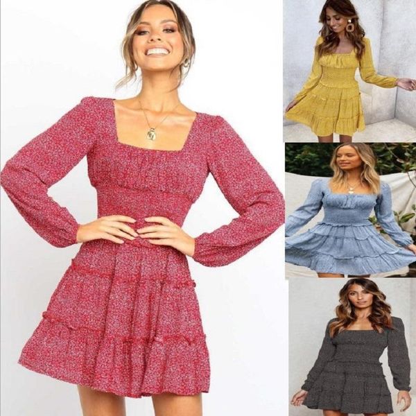 

casual dresses 2021 autumn and winter european american fashion women's long-sleeved printed dress floral, Black;gray