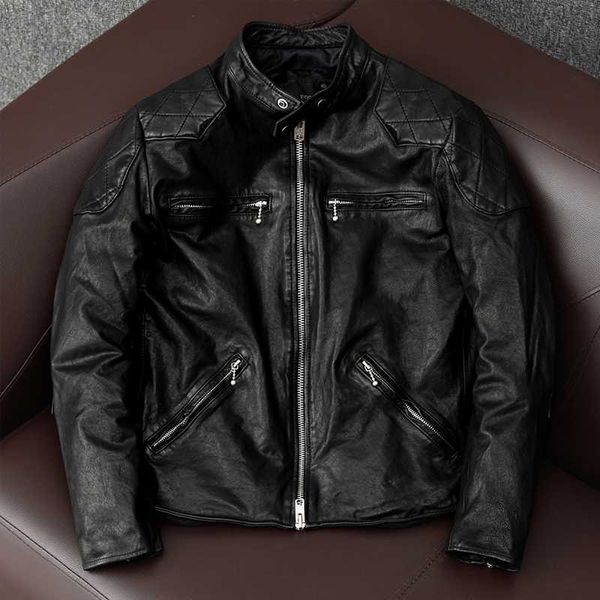 

men's leather & faux jacket male genuine sheep skin vintage motorcycle factory good quality, Black