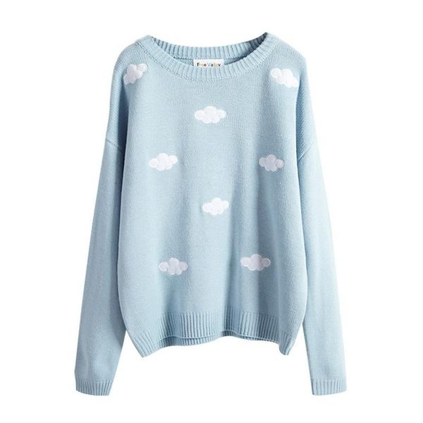 

women's sweaters autumn and winter casual fashion versatile show thin loose cloud pattern round neck pullover sweater solid color women, White;black