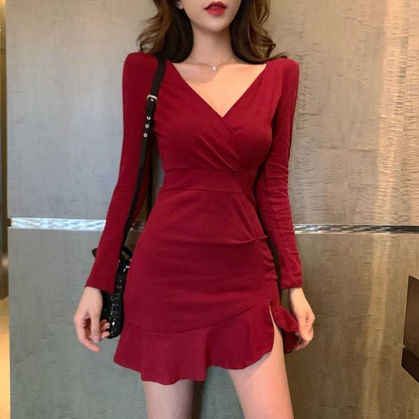 

elegant v neck solid color maxi dresses long sleeves simple night club short dress female office casual dress 210527, Black;gray