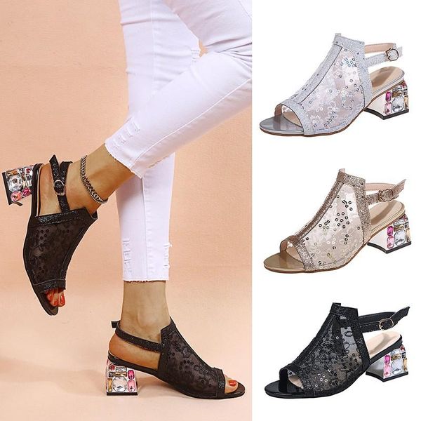 

sandals 2021 womens square high heels open toe ladies sandal wedding party sandalsies rhinestone lace female shoes, Black