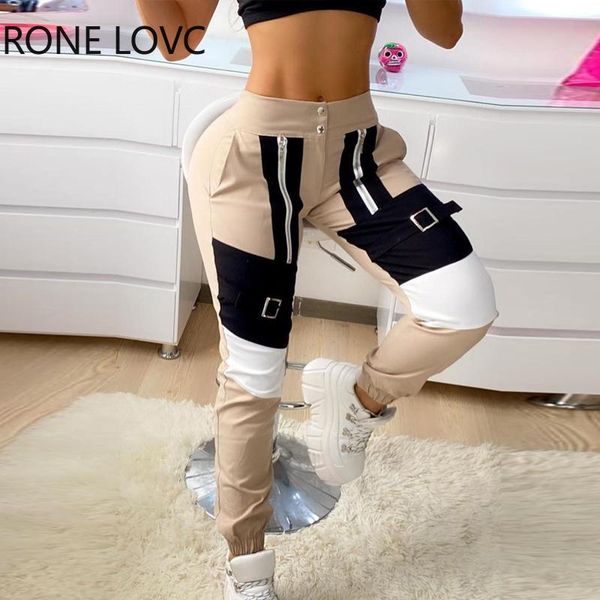

women buckle zipper design colorblock casual cargo pants sport women's & capris, Black;white