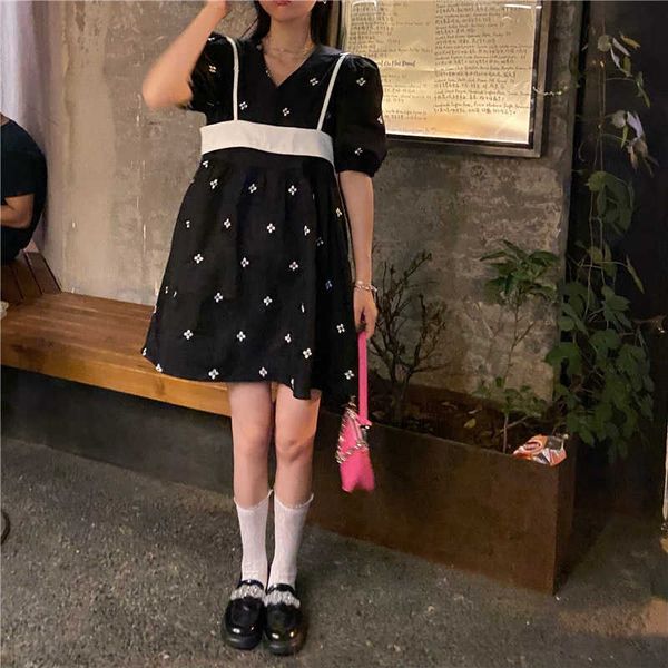 

cotton summer puff sleeve women's mini dress floral v-neck loose short dresses for women trend kawaii japanese clothes 210527, Black;gray