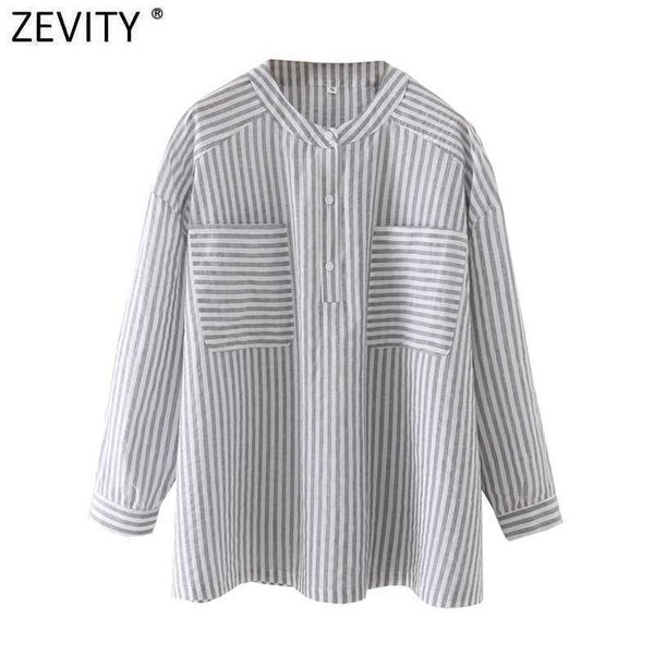

zevity women vintage stand collar striped print shirt female double pockets patch casual business blouse chic blusas ls9152 210603, White