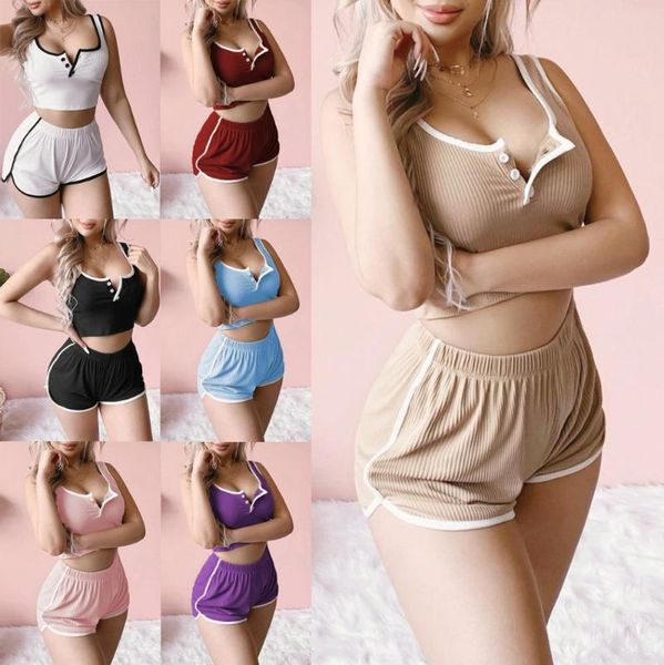 

women's sleepwear underwear set 2021 spring and summer button tight-fitting suspender shorts vest suit, Black;red